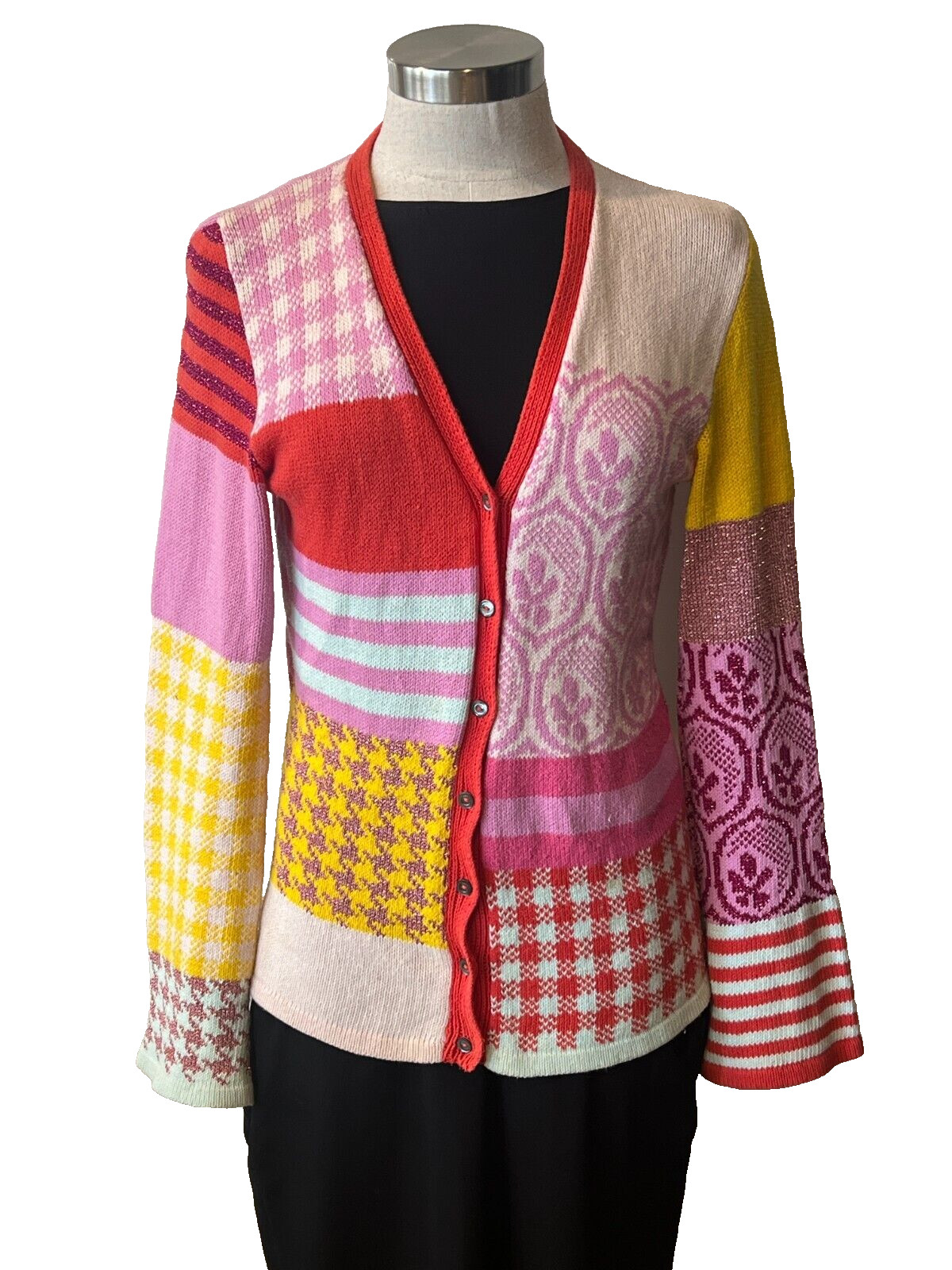 JOHN MACARTHUR for PURL HARBOUR Pink Multi-Pattern Handknit Cotton Cardigan S-M image 7