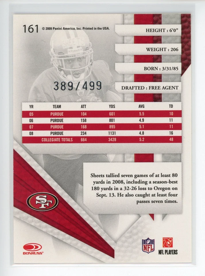 2009 Playoff Absolute Memorabilia  #161 Kory Sheets RC 49ers /499 - Image 2 of 2
