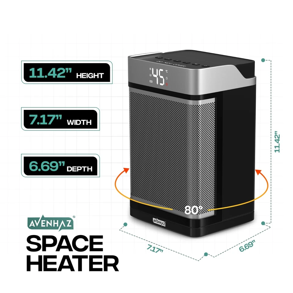1500W Electric Space Heater with 90° Oscillation & Temp Control - Black/Silver - Image 2 of 4