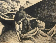 The Net  Félix Tobeen 1914 Print French Modernist Fishing Scene Nautical Drawing