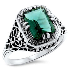 ART DECO STYLE FILIGREE 925 STERLING SILVER GREEN SIMULATED EMERALD RING  785Z