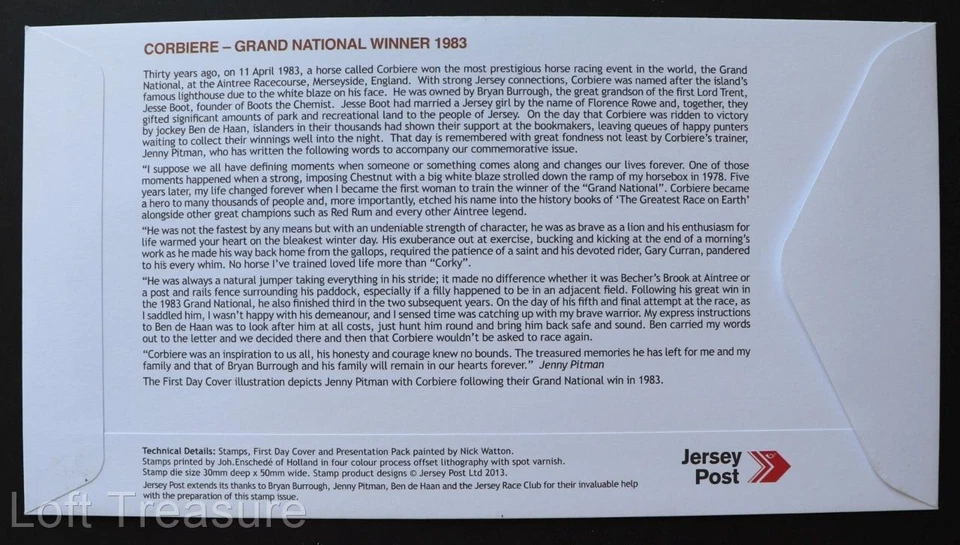Estampillas de Jersey: "Corbiere - Gran Ganador Nacional 1983" FDC 4v Set 2013 Foto 3 de 3
