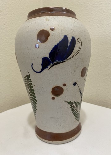 Tonala Vase Signed Mateos Mexican Folk Art Pottery Bird Blue Gray Butterfly 9” - Picture 13 of 18