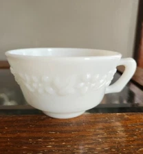 Vintage Anchor Hocking White Milk Glass Grape Pattern Tea Cup 