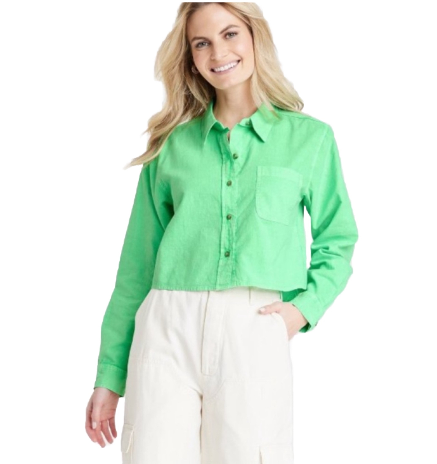 Target Universal Thread Button Down Crop Top Gree… - image 1