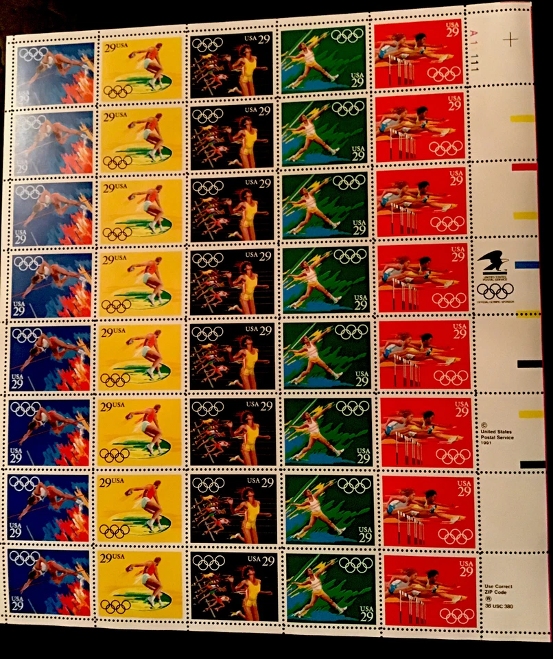 U.S. SHEET OF 40 SCOTT#2557a 1991 29ct SUMMER OLYMPICS MNH P#A11111 BELOW FACE - Image 3 of 3