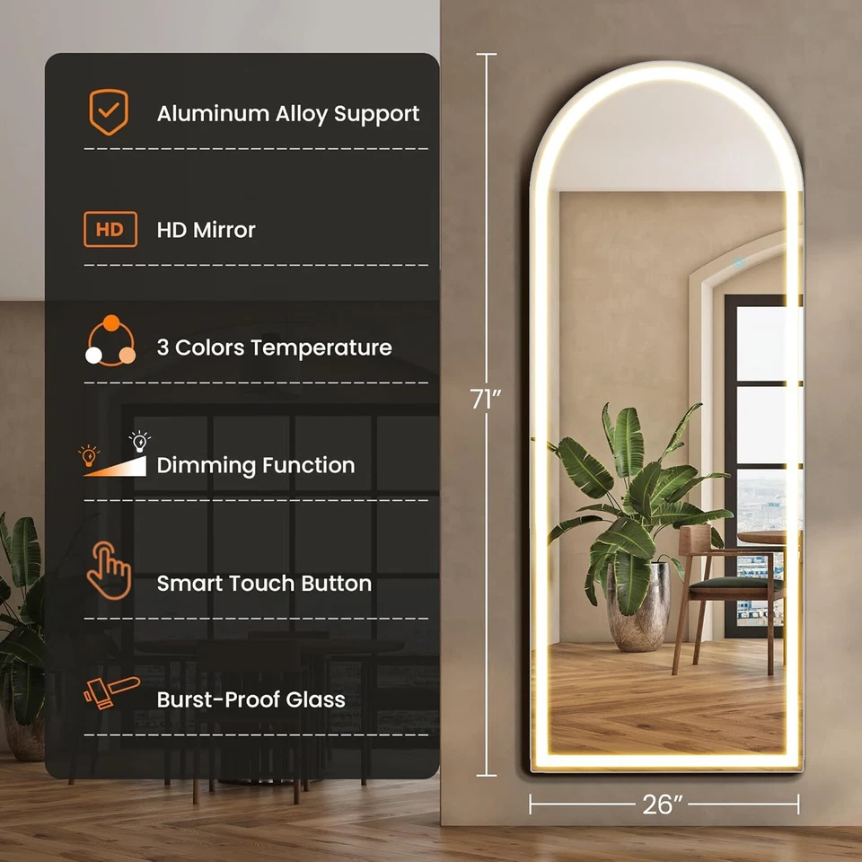 71"x26" Arched Mirror Full Length LED Light Free Standing Floor Mirror Full Body - Image 3 of 4