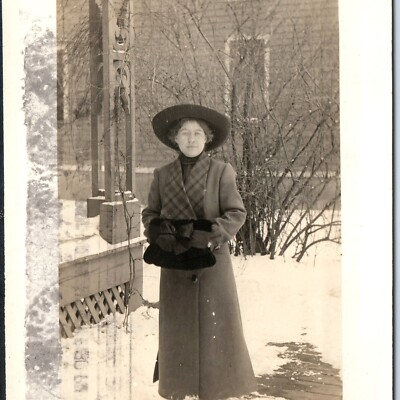 #ad c1910s Winter Lady RPPC Postcard Fashion Coat Muff Muskegon Whitehall Michigan $17.50