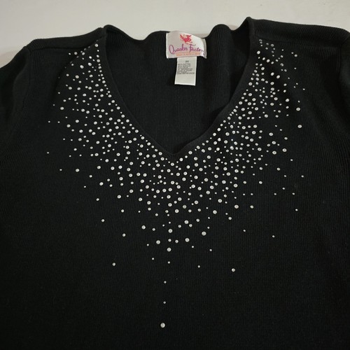 Quaker Factory Sweater Shirt 3X Black Beaded V Neck 3/4 Sleeves Cotton & Acrylic - Picture 2 of 9
