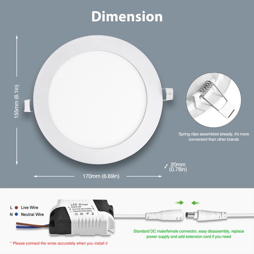 6Inch LED Ceiling Lights Ultra-Thin Recessed Retrofits Kit 6000K Daylight 12W - Bild 7 von 23