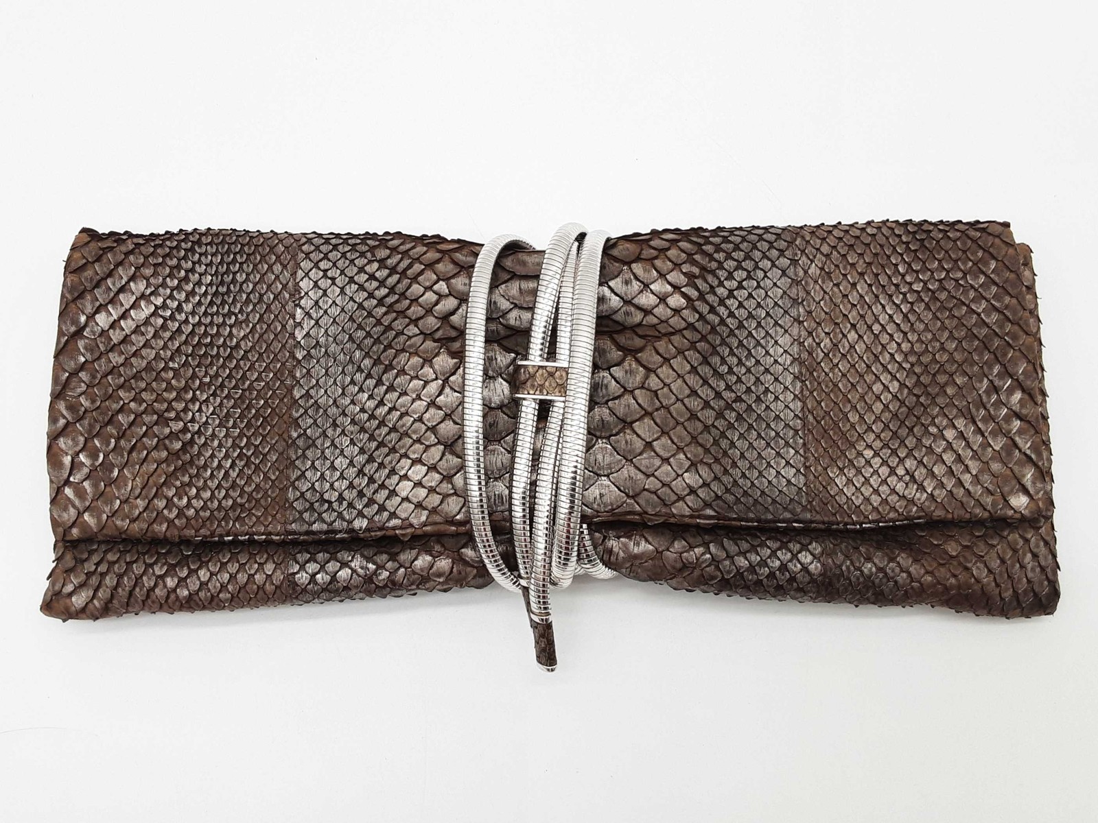 Judith Leiber Silver Gray Brown Python Leather Cl… - image 1