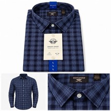 Dockers Dress Shirt Men s L Dark Blue Plaid Regular Fit Stretch Cotton Blend NWT