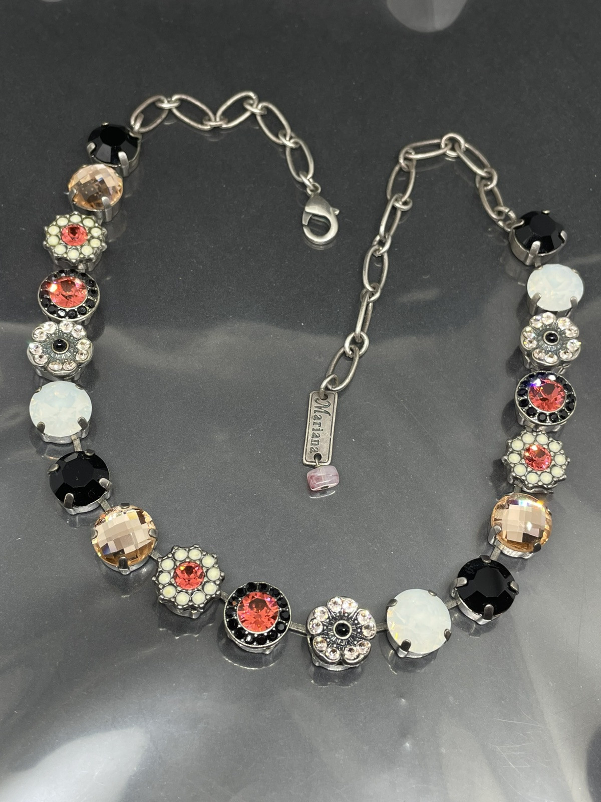 MARIANA SIGNED SWAROVSKI MULTICOLOR CRYSTALS FLORAL SILVERTONE 14-18” NECKLACE