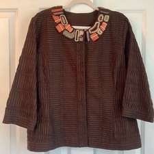 Chico's Burundi Beat Bernita Beaded Pleated Brown Blazer Size 3 US Size 16