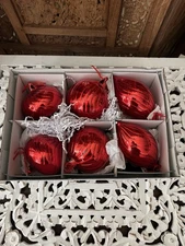 Frontgate Christmas Ornaments Red Glass Set of 6 Swirled NEW Tags 3 Diff Shapes