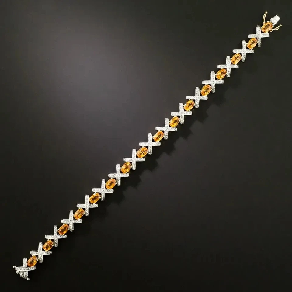 Pulseira de tênis 12 ctw corte oval criada em laboratório citrino formato X folheada a ouro branco 14K - Imagem 2 de 4