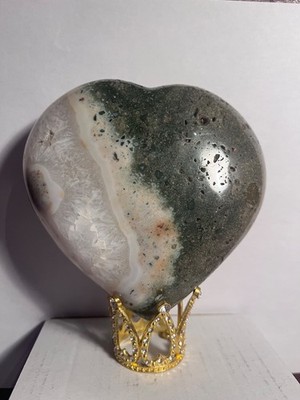 Ocean Jasper Heart w/ Quartz Pocket Polished Crystal Madagascar Green Whi