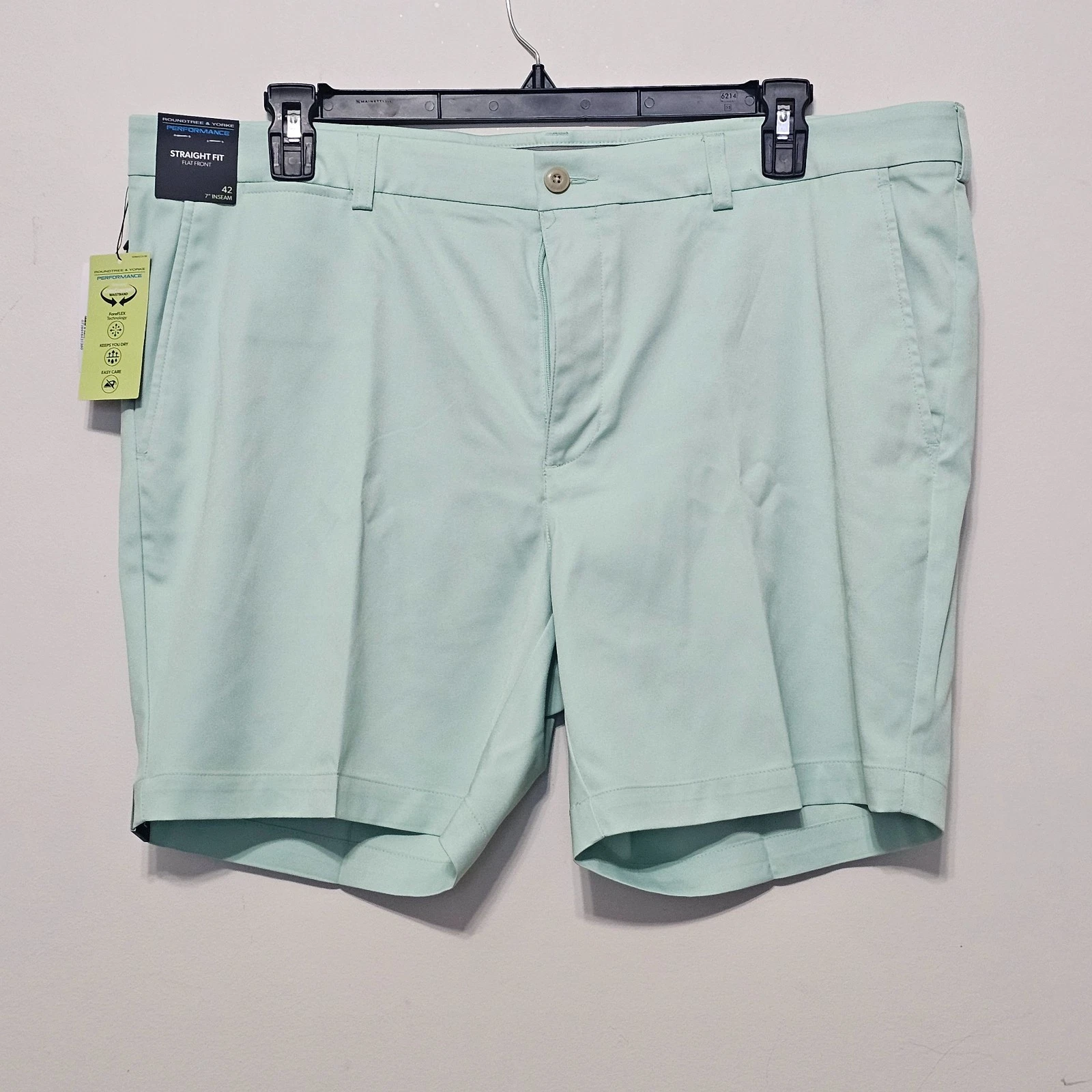 Men's Shorts 38 X 7 Mint Green Straight Fit Flat Front Performance Stretch 0983