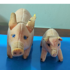 Steiff Pig Stuffed Animal Plush Pair Lot of 2 w/ Blue Button glass Eyes, 2 pcs