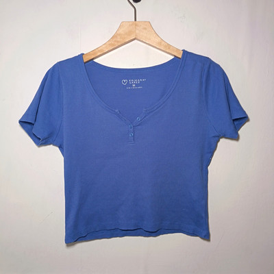 Primark Damen Top Blau Größe M UK 10 12 Henley Crop Preppy Academia Y2K 90er