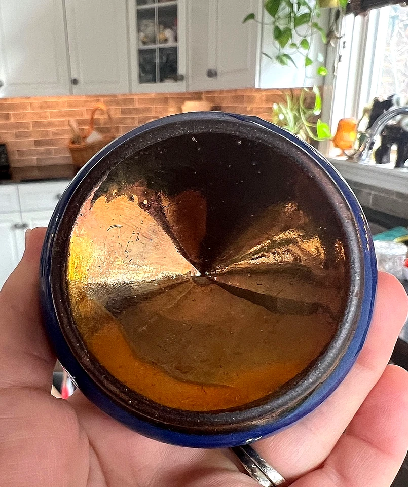 Antiguo brillo de cobre con patas Master Salt con banda azul siglo XIX  Foto 3 de 3