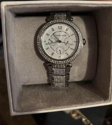 Michael Kors Women s Quartz Watch Date White Dial Gem-Set Bezel Silver Bracelet
