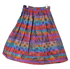 Vintage Rayon Midi Skirt Southwestern Aztec Print Festival Rainbow Teacher Small