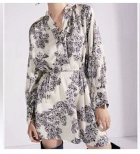 H&M White Black Floral Belted L/S A-Line Dress Viscose Size S Shirt Dress