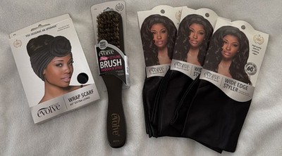 Evolve Firstline Hair Care 5 Pcs Deep Styling Brush, Wrap Scarf & 3-Wide Stylers