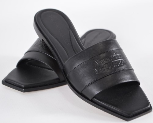 New Alexander McQueen Black Leather Embossed Logo Slides Sandals Shoes 37 7 - Picture 2 of 10