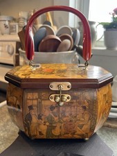 Anton Pieck Vintage Decoupage Wooden Purse with Lucite Handle Country Scene