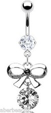 Bow Tie Belly Ring   316L Steel Double CZ Dangle Navel Piercing