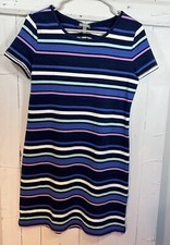 T by Talbots Shift Dress Womens Size Small Blue Striped Dress Back Cut Out