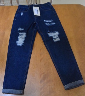 dark blue ripped mom jeans