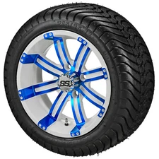 (4) Golf Cart 215/35-12 LSI Elite Low Pro Tire on 12x7 White/Blue Tempest Wheels