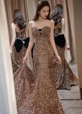 Ladies Fishtail Evening dress Glitter Sequins Slim Fit Full Length Bowknot Party
