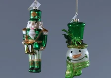 2 MARK ROBERTS SHAMROCK NUTCRACKER  & SNOWMAN Glass Tree Ornaments 4.5"