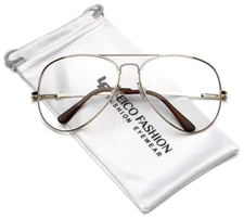 Non Prescription Oversized Retro Metal Pilot Clear Lens Men Women Face Glasses