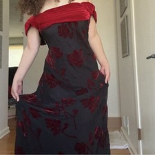 NWT red floral velvet and black layered mesh floor length gown