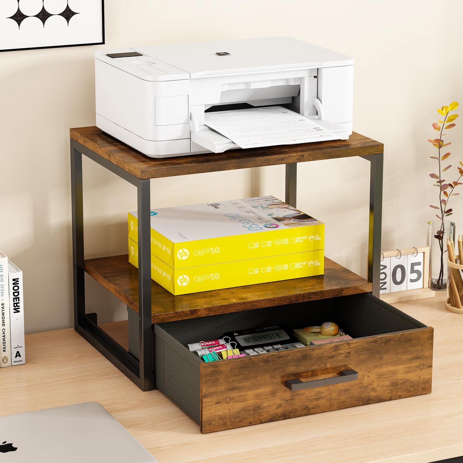 2-Tier Printer Stand with Storage for Desk, Organize Workspace Efficiently-image