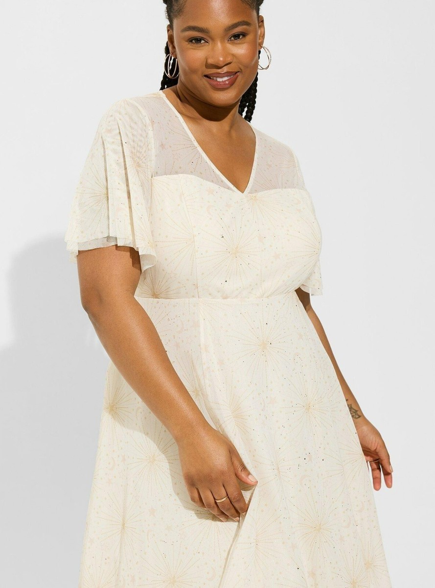 Torrid Pristine Starburst Midi Mesh Flutter Sleeve Dress Plus Size