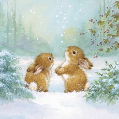 20 Servietten Rabbits loves Snow Hasen Tiere Winter Schnee grün Deko 33x33cm