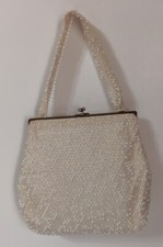 Vintage Beaded Purse Bag Cream White Kiss Lock Clasp Bridal Formal Evening READ