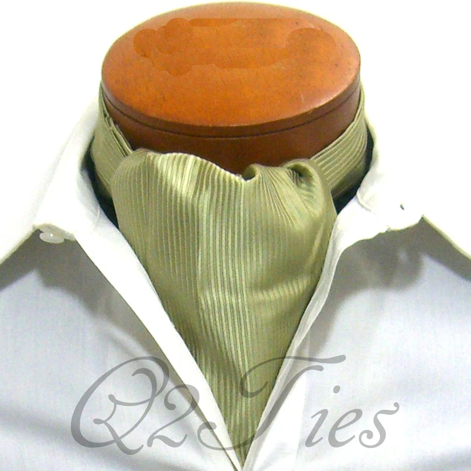 HOMBRE Mini Rayas OLIVA Nudo Deslizante Estilo Informal Ascot Corbata y Pañuelo Juego de 2 piezas Foto 3 de 3