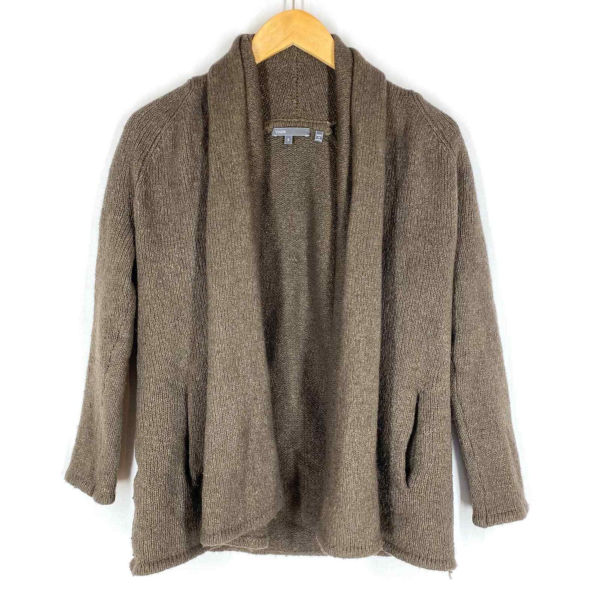 Vince Open Front Cardigan Womens Taupe Chunky Knit Wool Silk