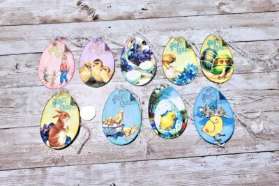 9~Easter~Vintage~Egg Shaped~Fussy Cut~Linen Cardstock~Gift~Hang~Tags~Ornies