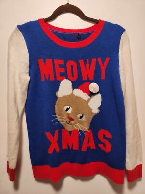 Meowy Xmas Ugly Christmas Holiday Sweater Size S Red White Blue