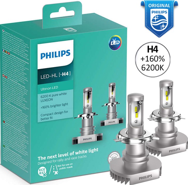 PHILIPS H4 LED Ultinon 6200K +160 White Car Headlight Bulbs Kit 12V