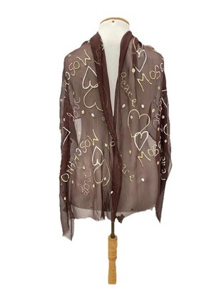 Y3#Moschino Brown Sheer Silk Blend Embroidered Hearts Love Peace Scarf Shawl