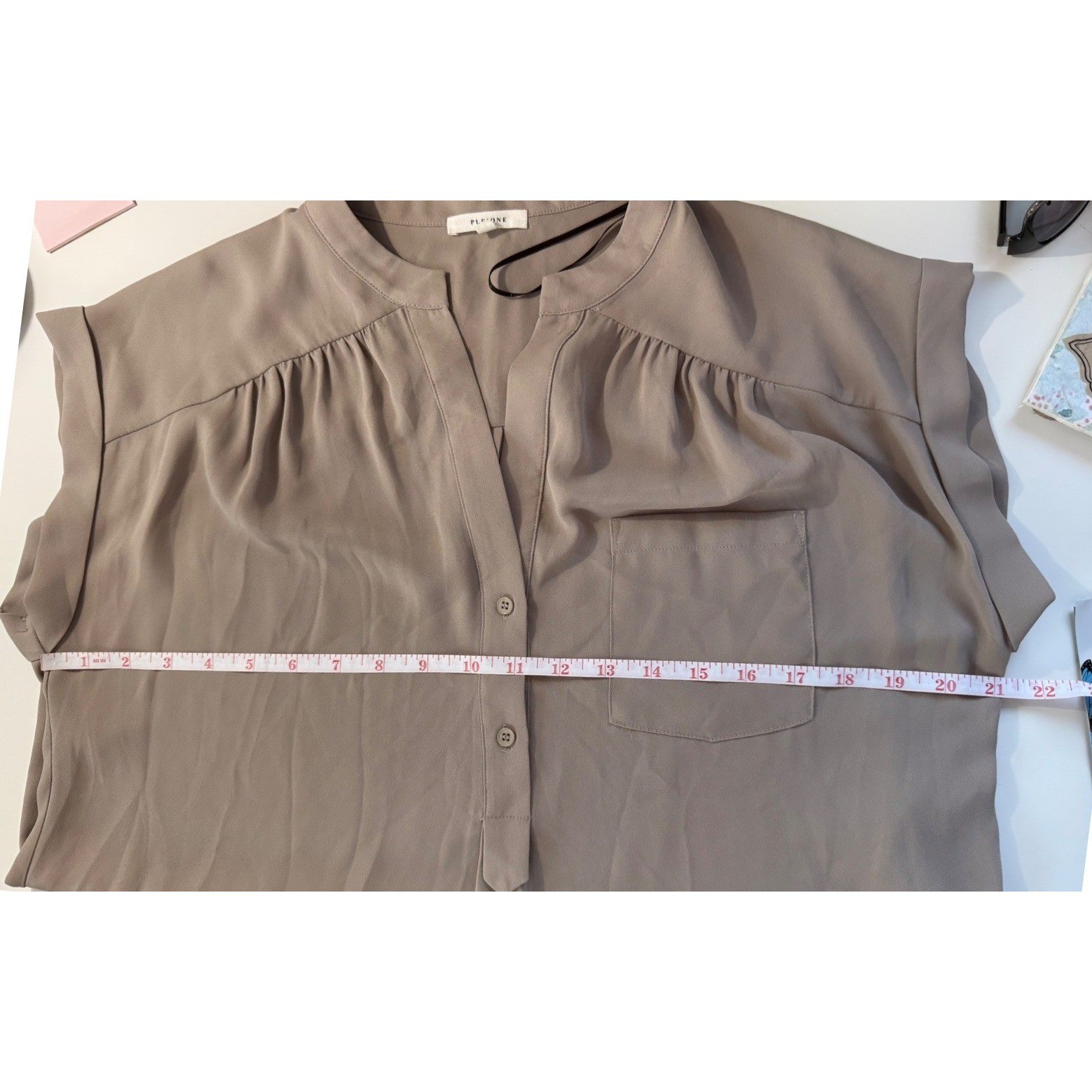 PLEIONE Taupe Solid Collared V-Neck Button Front … - image 5